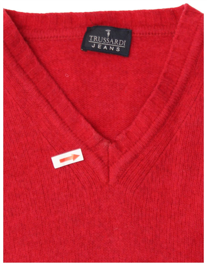 Trussardi Mens V-Neck Jumper Sweater Medium Red Wool