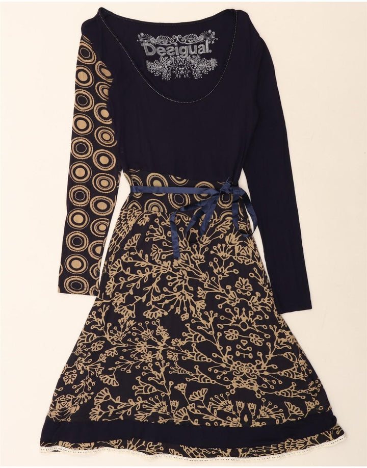 DESIGUAL Womens Graphic A-Line Dress UK 12 Medium Navy Blue Floral