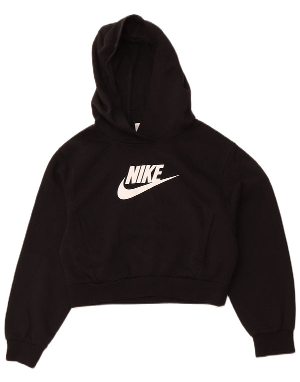 NIKE Girls Crop Graphic Hoodie Jumper 10-11 Years Medium  Black Cotton