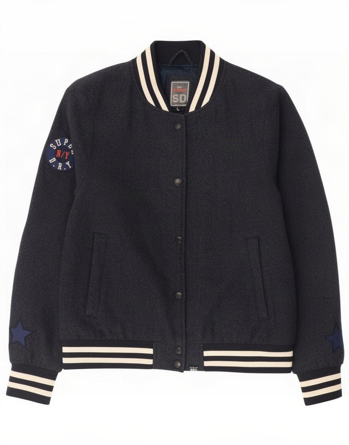 Superdry Womens Varsity Jacket UK 16 Large Navy Blue Wool