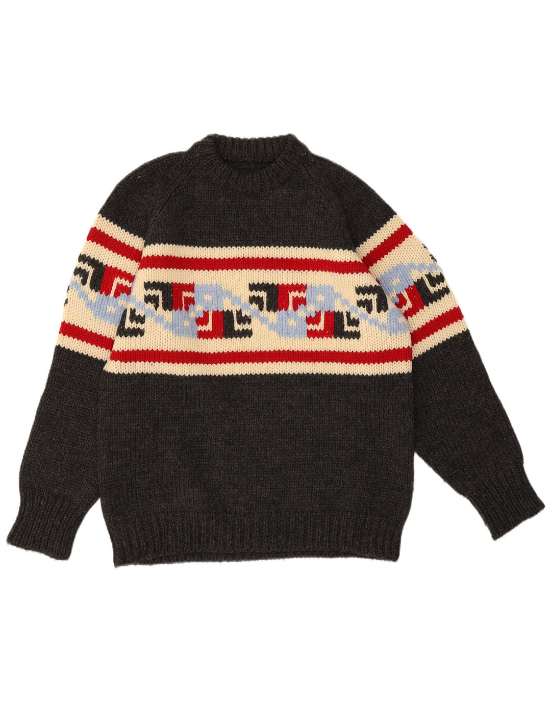 Vintage Mens Crew Neck Jumper Sweater Medium Grey Geometric