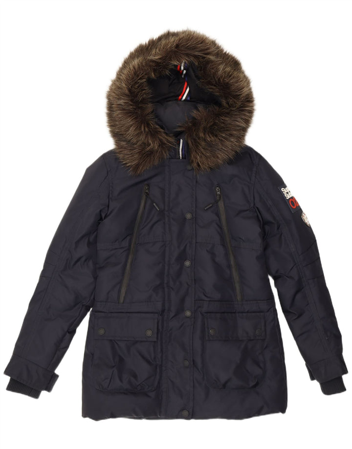 Superdry Womens Graphic Hooded Padded Jacket UK 12 Medium Navy Blue Nylon