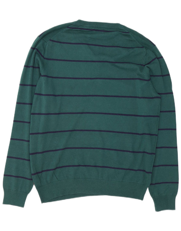 IZOD Mens V-Neck Jumper Sweater Large Green Striped Cotton