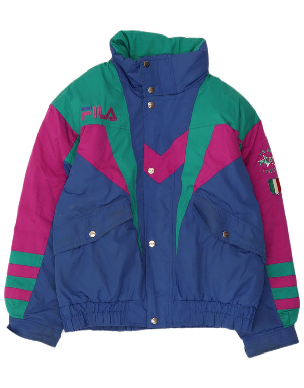 Fila Mens Graphic Hooded Ski Jacket UK 40 Medium Blue Colourblock Polyester