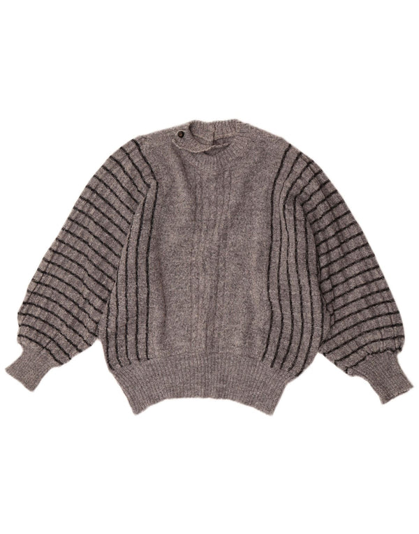 Vintage Womens Crew Neck Jumper Sweater UK 16 Large Grey Striped Acrylic