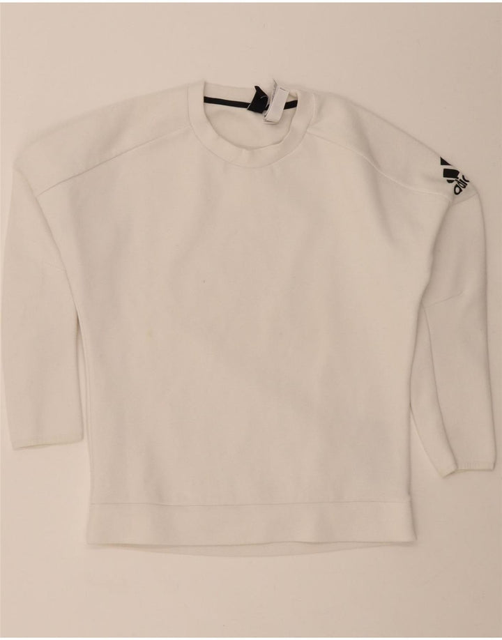 ADIDAS Womens Graphic Oversized Sweatshirt Jumper UK 8/10 Small White Vintage Adidas and Second-Hand Adidas from Messina Hembry 