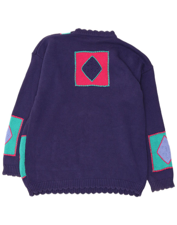 VINTAGE Womens Crew Neck Jumper Sweater UK 14 Medium Navy Blue Patchwork