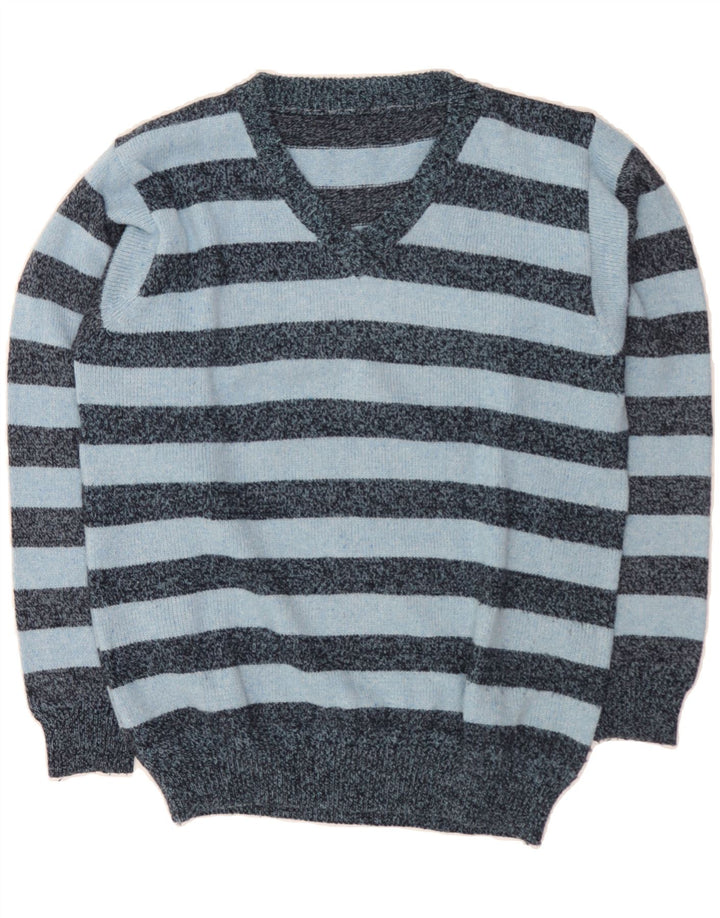 VINTAGE Mens V-Neck Jumper Sweater Large Blue Striped Vintage Vintage and Second-Hand Vintage from Messina Hembry 