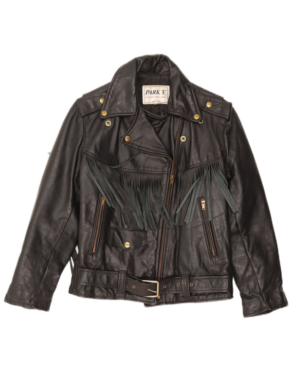 PARK V Girls Leather Biker Jacket 9-10 Years Black Leather