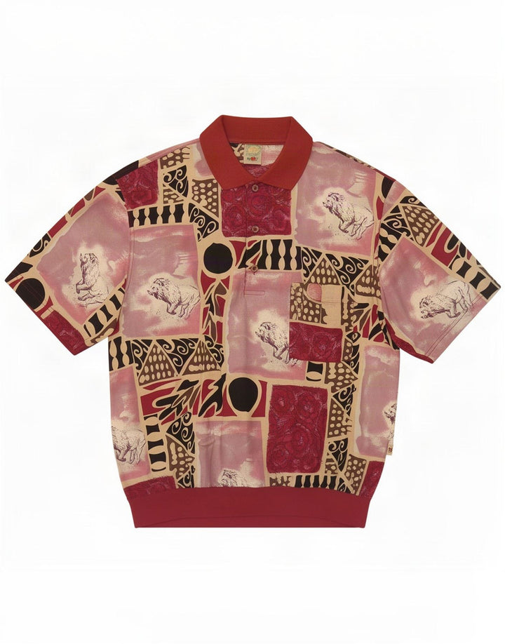 Mango Mens Abstract Pattern Short Sleeve Pullover Shirt Large Burgundy