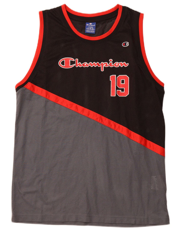 CHAMPION Mens Graphic Vest Top Large Black Colourblock Polyester