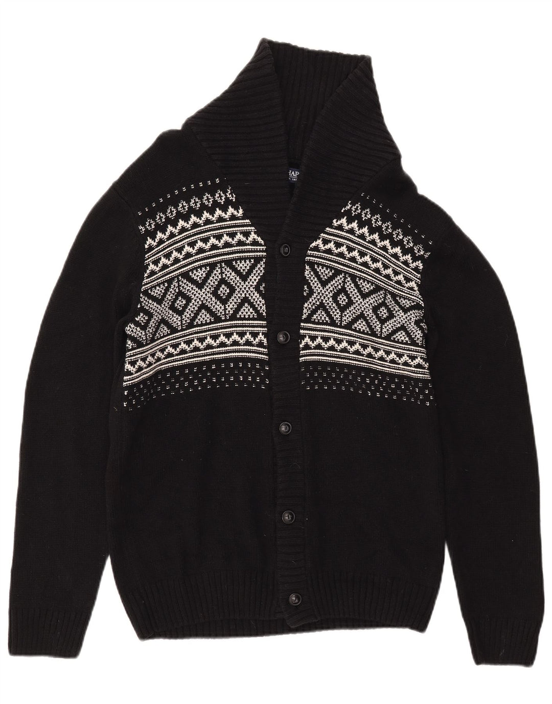 CHAPS Mens Cardigan Sweater Small Black Fair Isle Cotton