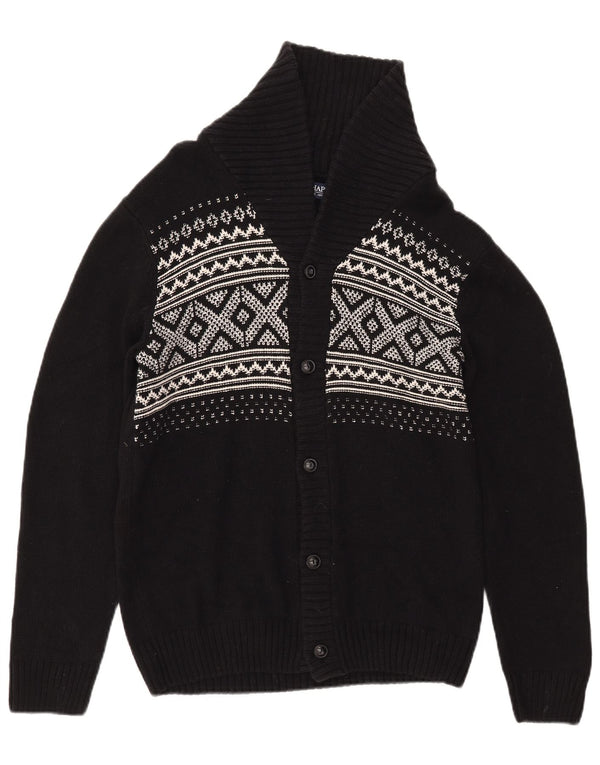 CHAPS Mens Cardigan Sweater Small Black Fair Isle Cotton