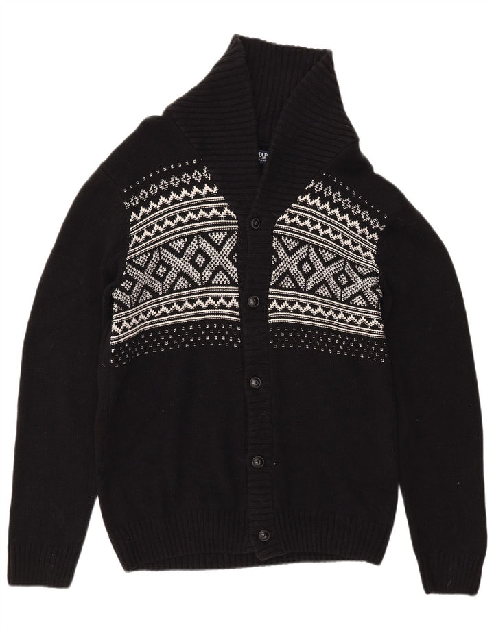 CHAPS Mens Cardigan Sweater Small Black Fair Isle Cotton