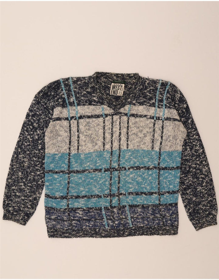 WEST END Mens V-Neck Jumper Sweater XL Blue Check Ramie Vintage West End and Second-Hand West End from Messina Hembry 