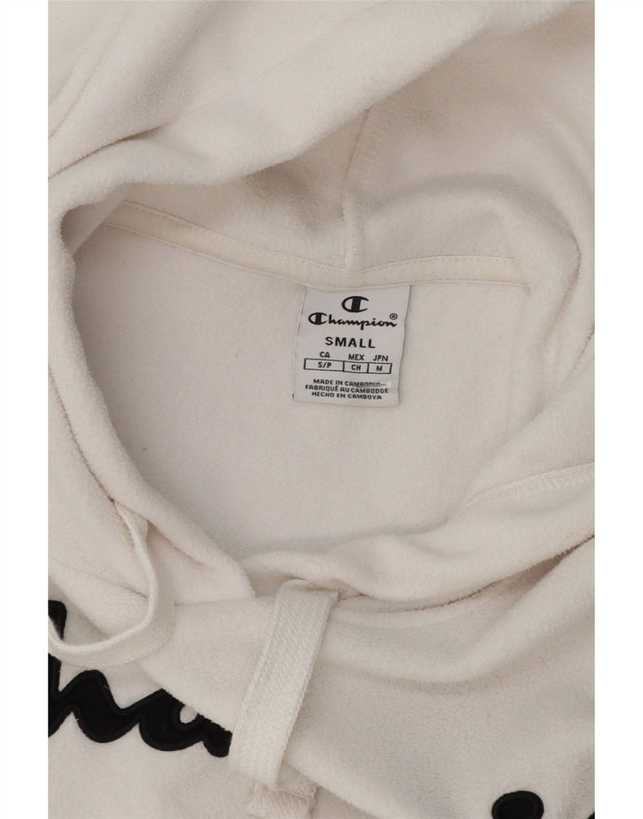 CHAMPION Mens Graphic Hooded Fleece Jumper Small White Polyester Vintage Champion and Second-Hand Champion from Messina Hembry 