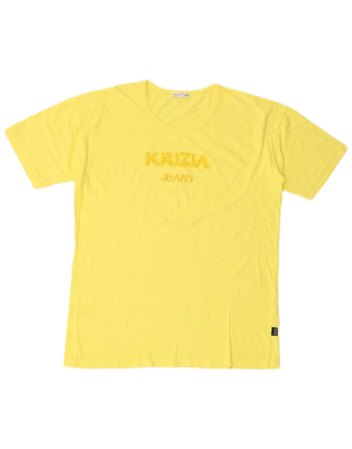 KRIZIA Womens Graphic T-Shirt Top UK 16 Large Yellow Cotton