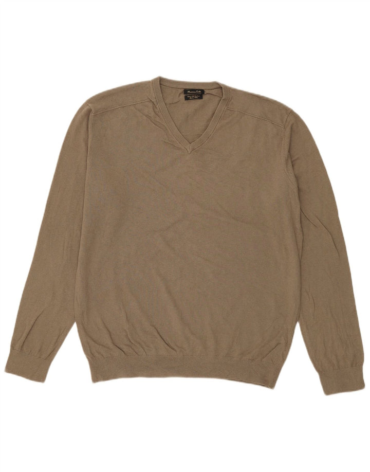 Massimo Dutti Mens V-Neck Jumper Sweater Large Khaki Cotton