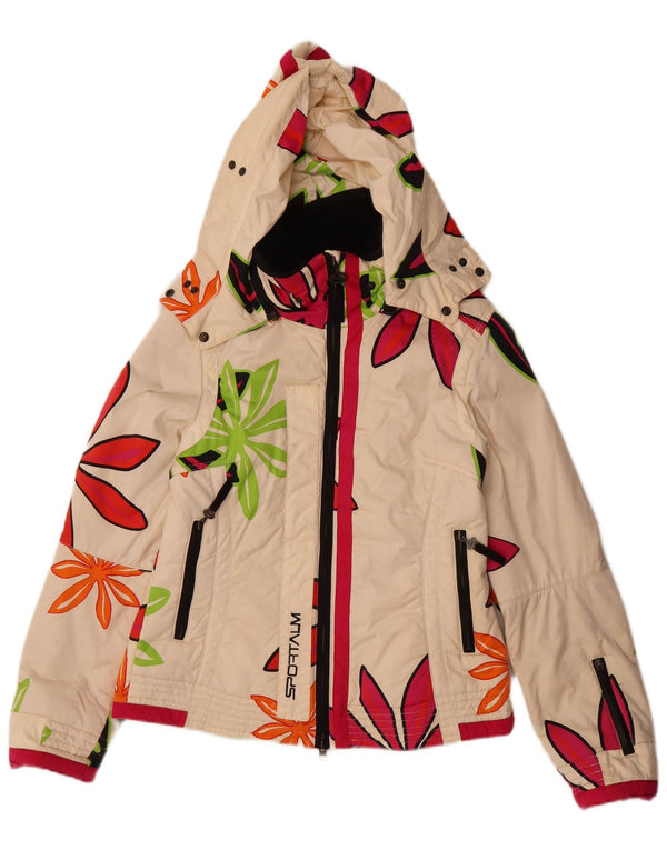 Sportalm Womens Hooded Ski Jacket EU 38 Medium Off White Floral Polyamide