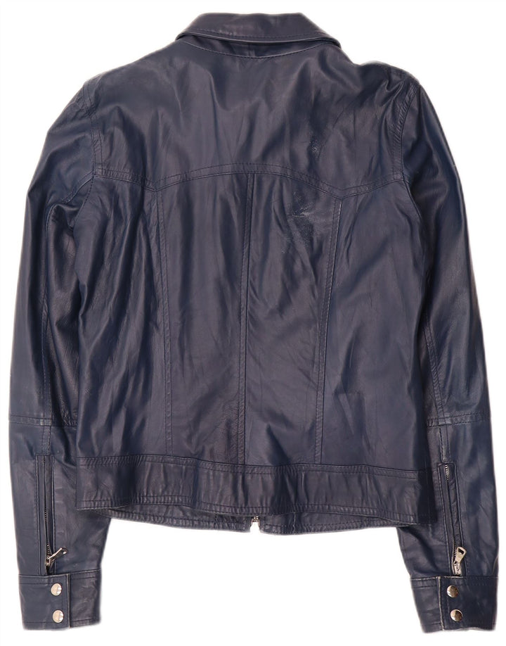 Vintage Womens Crop Leather Jacket UK 14 Large Navy Blue Leather