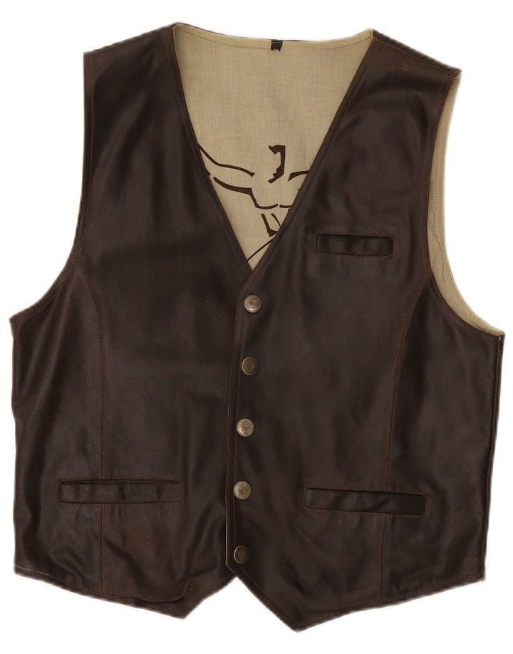 VINTAGE Mens Leather Waistcoat Large Brown Leather