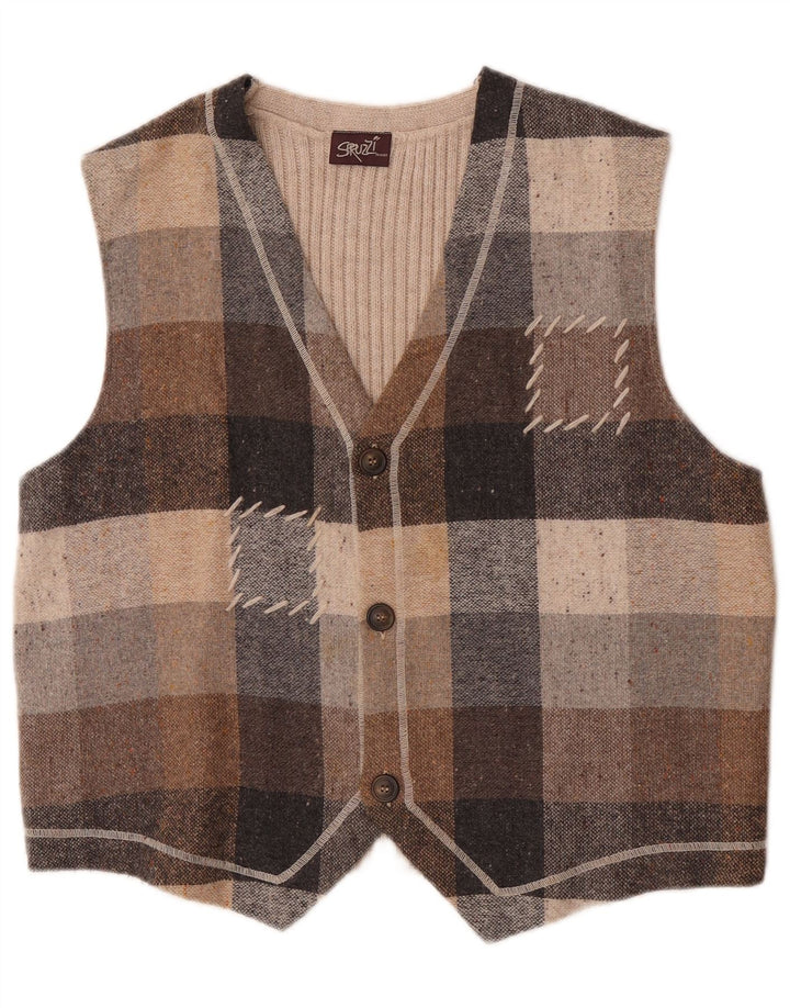 Vintage Mens Waistcoat Large Beige Check Acrylic