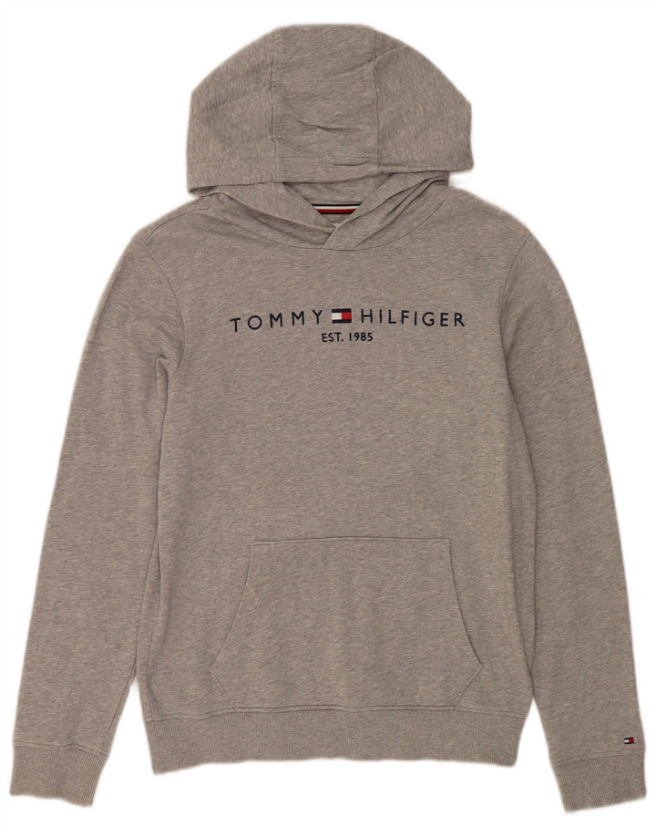 TOMMY HILFIGER Girls Graphic Hoodie Jumper 13-14 Years Grey Flecked Cotton