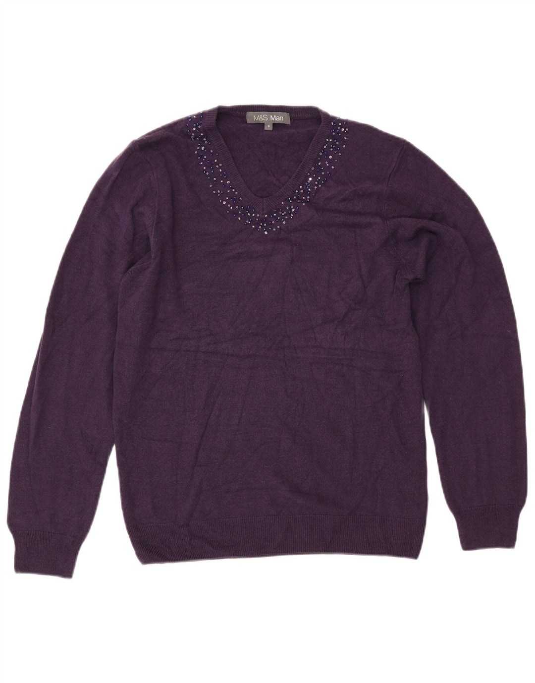 MARKS & SPENCER Mens V-Neck Jumper Sweater Small Purple Acrylic