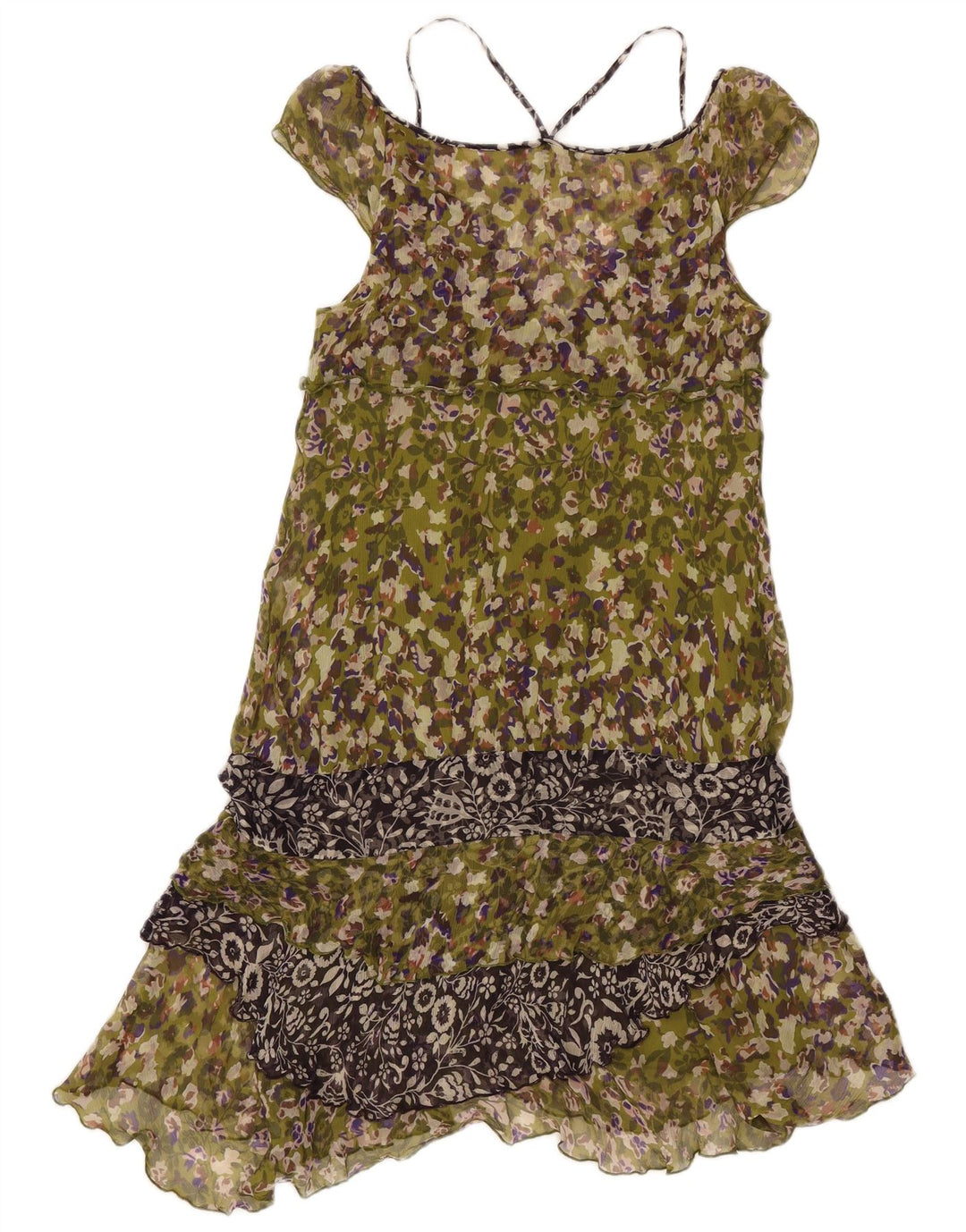 Liu Jo Womens Sleeveless Tiered Dress IT 44 Medium Green Floral Silk