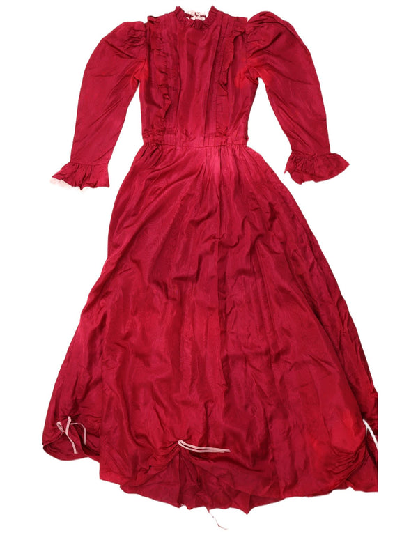 VINTAGE Womens Ruffle Front Princess Dress UK 10 Small Burgundy