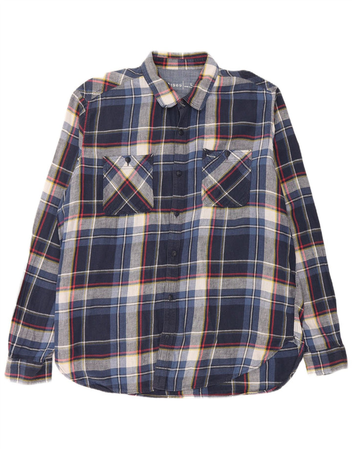 GAP Mens Flannel Shirt Large Navy Blue Check Linen