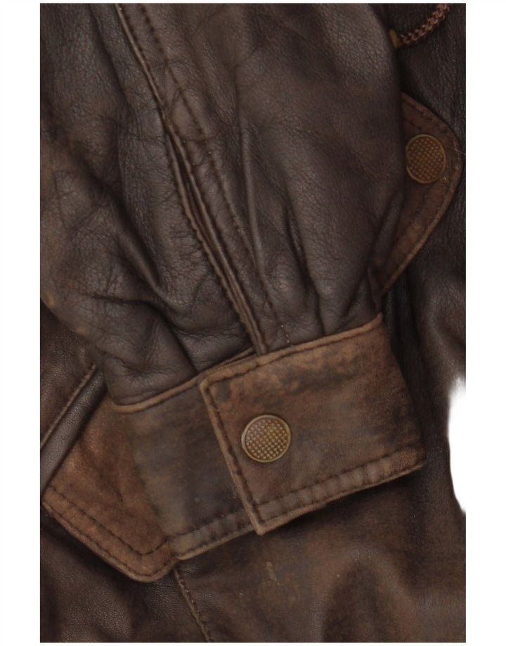 VINTAGE Womens Hooded Leather Coat EU 38 Medium Brown Leather