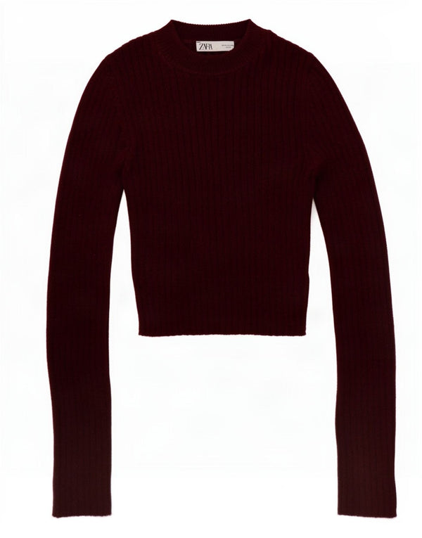 Zara Womens Crop Turtle Neck Jumper Sweater UK 12 Medium Burgundy Cotton