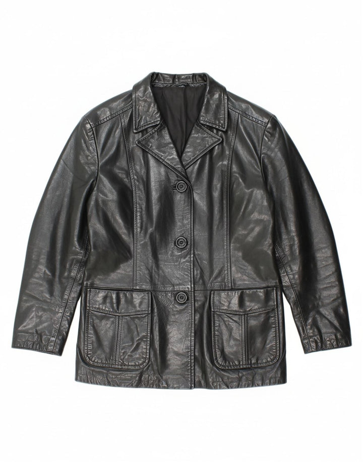 VINTAGE Womens Military Leather Jacket IT 44 Medium Black Leather
