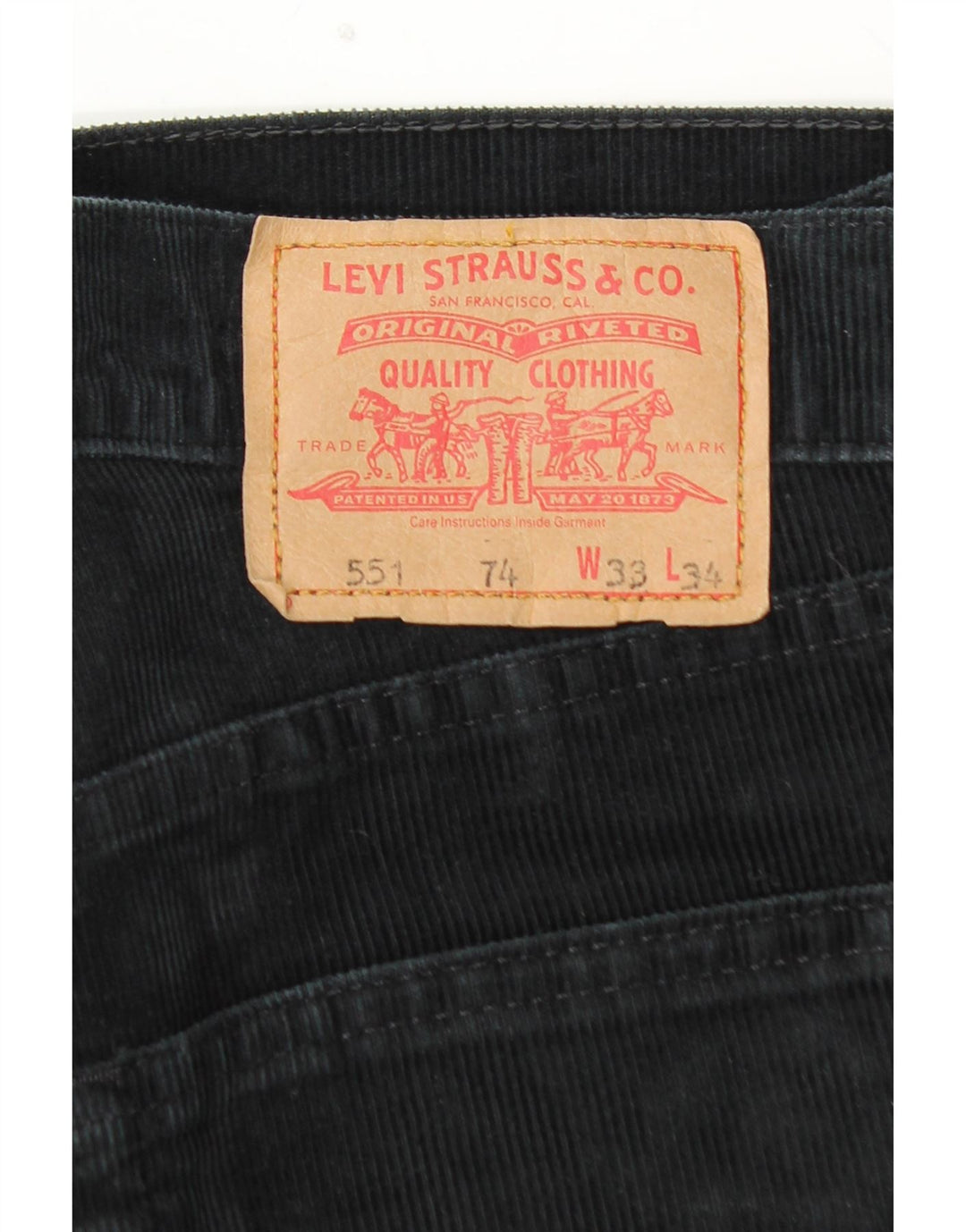 LEVI'S Mens 551 Straight Corduroy Trousers W33 L30  Black Cotton