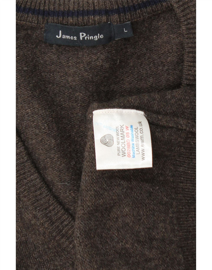 James Pringle Mens V-Neck Jumper Sweater Large Brown Lambswool