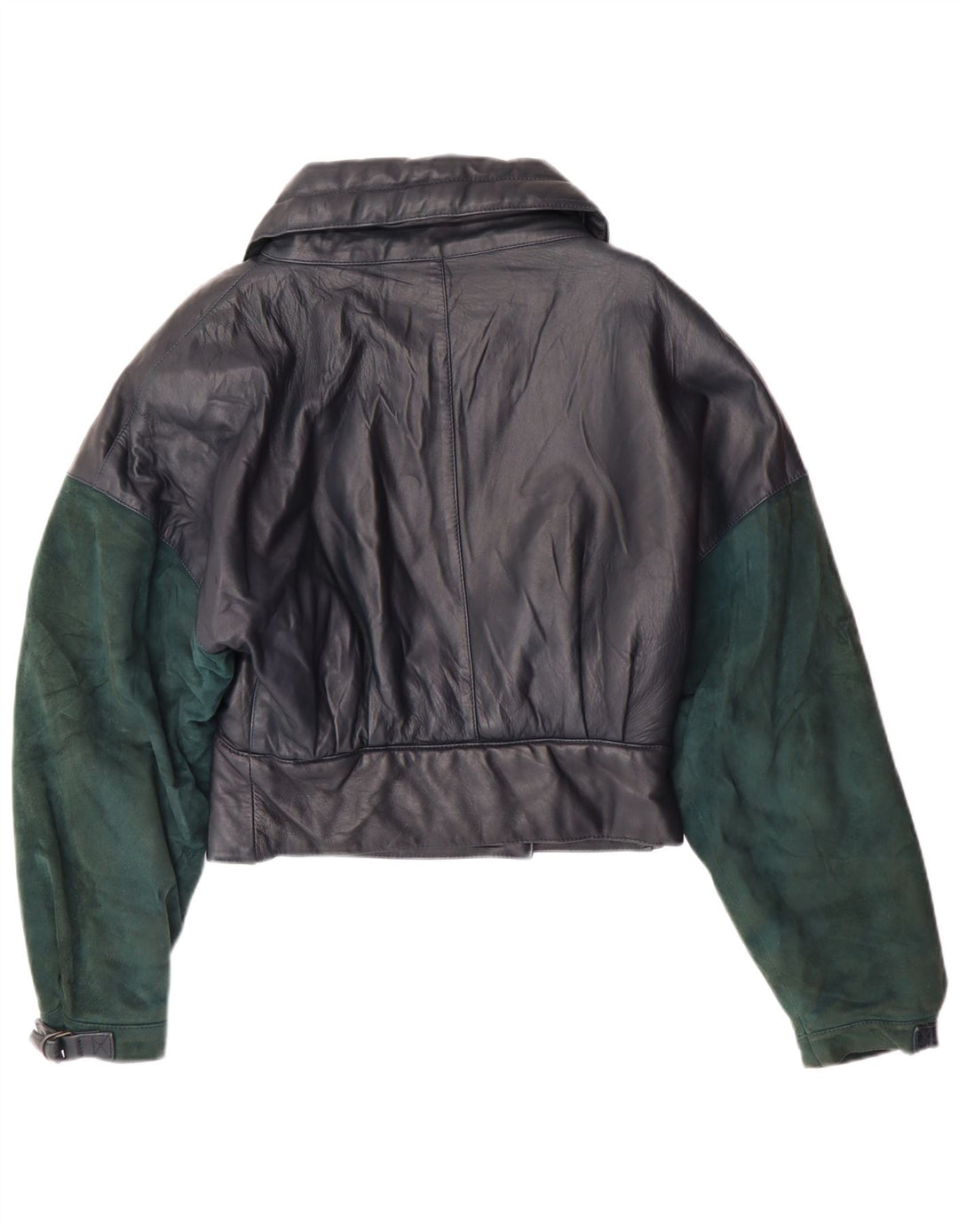 VINTAGE Womens Crop Leather Jacket UK 6 XS Navy Blue