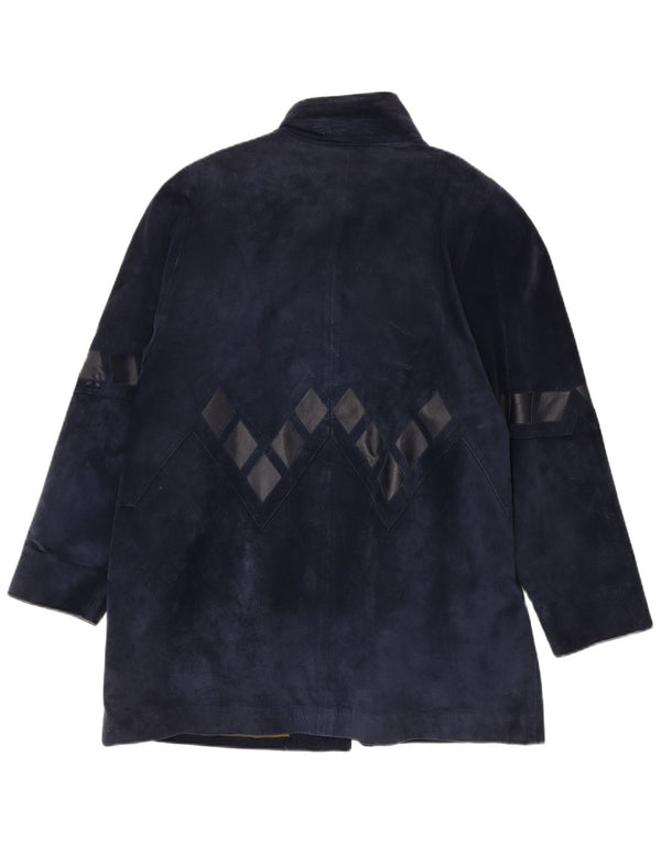 Vintage Womens Oversized Suede Overcoat UK 14 Medium Navy Blue Geometric