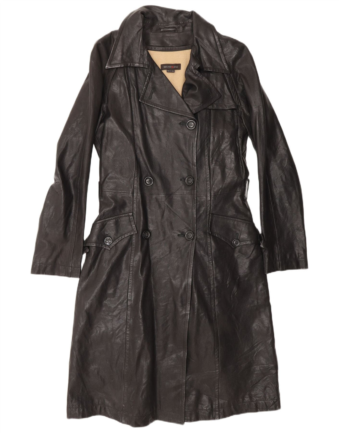 Bruno Magli Womens Double Breasted Leather Coat UK 12 Medium Black Leather