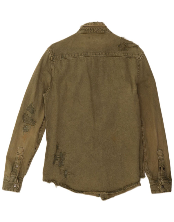 Zara Mens Distressed Relaxed Fit Denim Shirt Medium Khaki Cotton