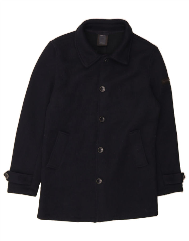 VINTAGE Mens Knit Overcoat UK 38 Medium Navy Blue Polyester Vintage Vintage and Second-Hand Vintage from Messina Hembry 