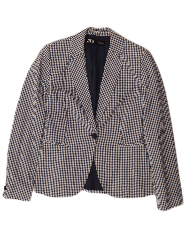 ZARA Womens 1 Button Blazer Jacket EU 38 Small Blue Gingham Cotton