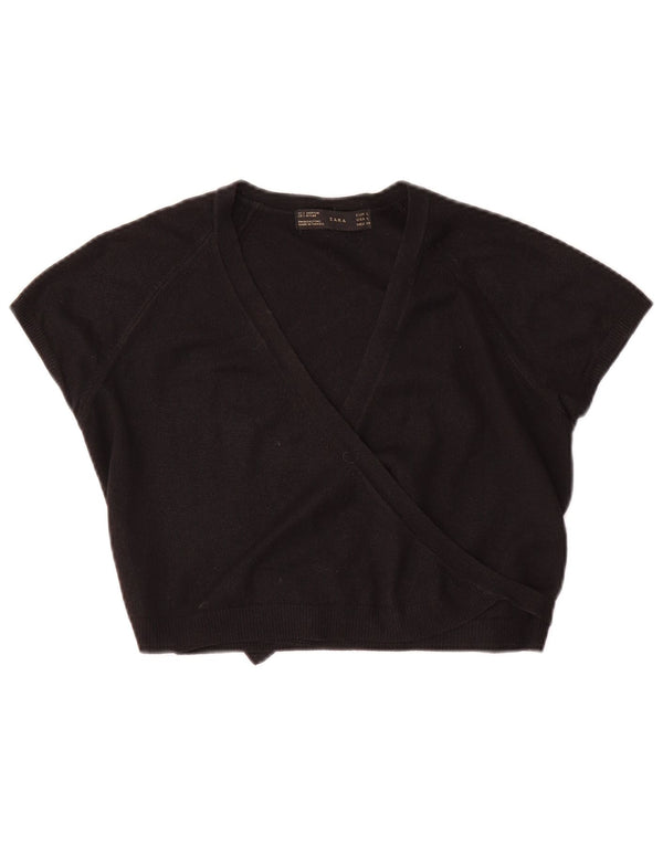 Zara Womens Crop Wrap Blouse Top UK 14 Large Black Acrylic