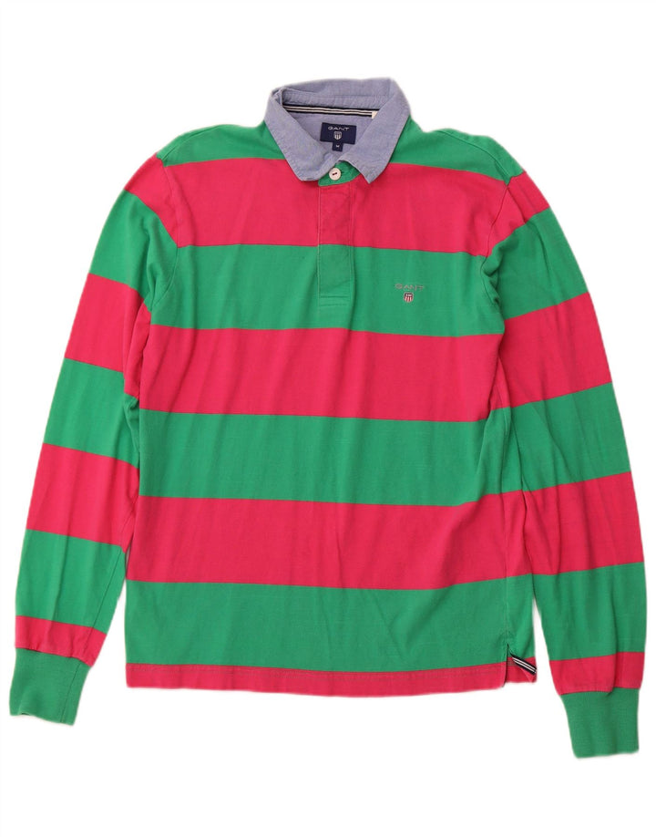 Gant Mens Long Sleeve Rugby Polo Shirt Medium Green Striped Cotton