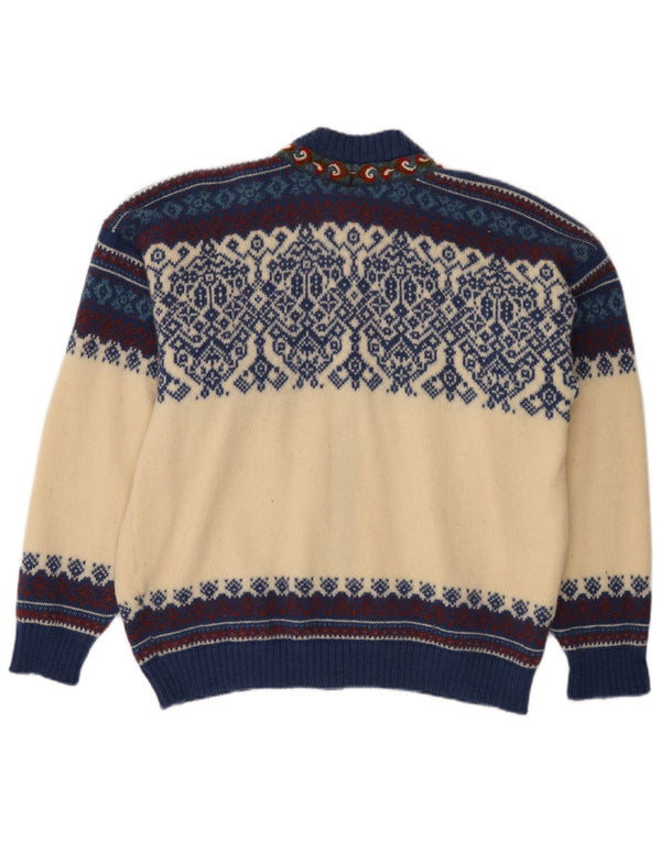 Vintage Mens Cardigan Sweater Large Off White Fair Isle