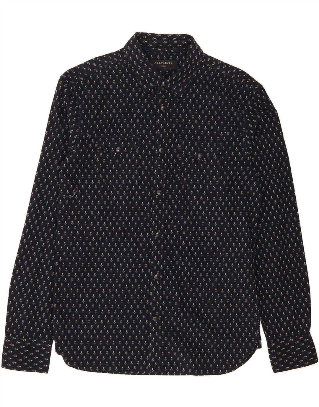 ALL SAINTS Mens Shirt Small Navy Blue Floral Cotton Vintage All Saints and Second-Hand All Saints from Messina Hembry 