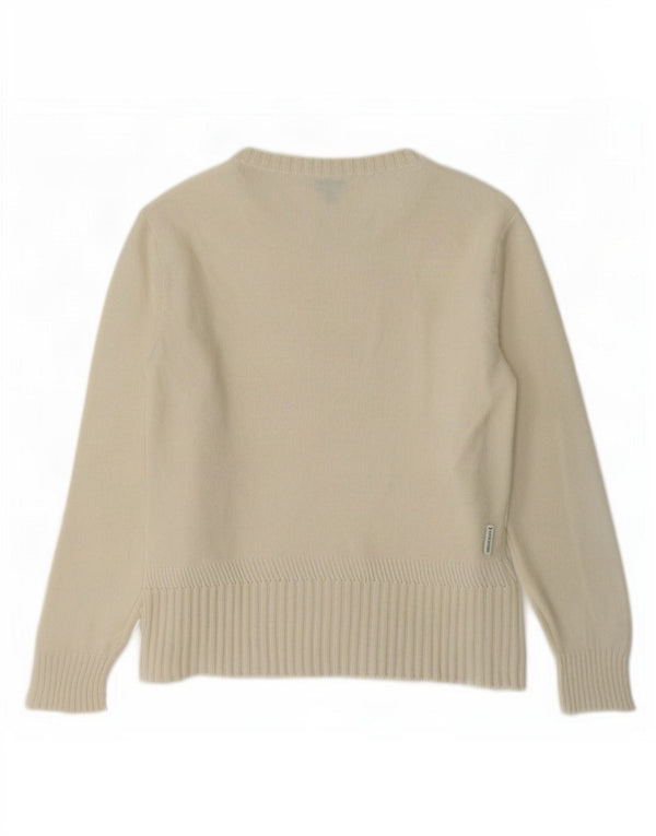 Armani Womens Graphic Boat Neck Jumper Sweater EU 42 Large Off White Wool