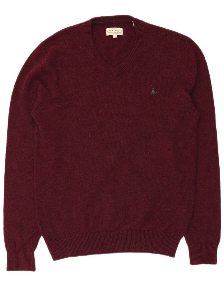 JACK WILLS Mens V-Neck Jumper Sweater Large Maroon Merino Wool