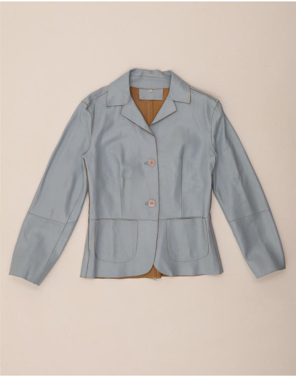 VINTAGE Womens 2 Button Leather Blazer Jacket UK 12 Medium Blue
