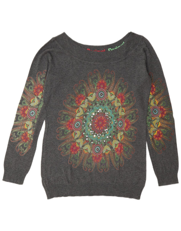 Desigual Womens Graphic Boat Neck Jumper Sweater UK 18 XL Grey Paisley